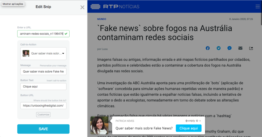 Configuração de um link na Sniply