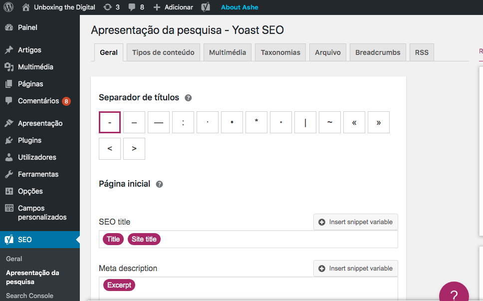Yoast: configurar aparência